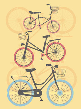 Set of retro bicycles with yellow background