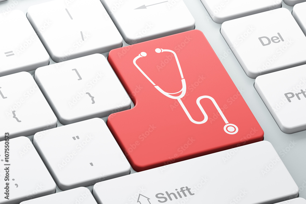 Poster health concept: stethoscope on computer keyboard background