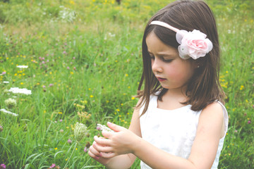 Pretty little playing with wild flowr in nature park