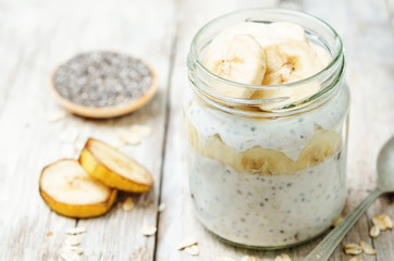 overnight oats with Greek yogurt, Chia seeds and banana
