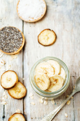overnight oats with Greek yogurt, Chia seeds and banana