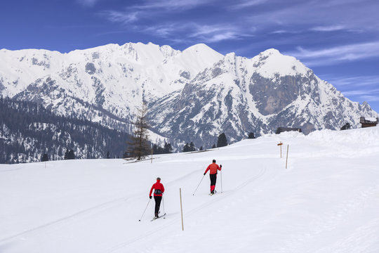 Cross-country skiing in nature park Fanes Senes Braies, Dolomites, Italy