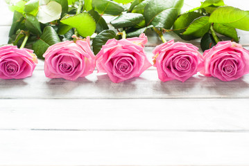 Pink roses on wooden