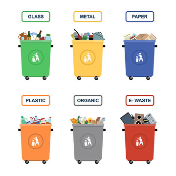 Garbage cans vector flat illustrations. Sorting garbage. Ecology and recycle concept. Trash cans isolated on white background
