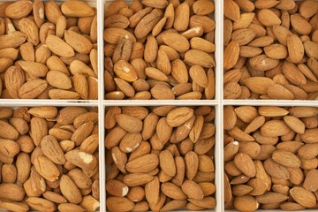 Spilled almonds. We like almonds. Healthy food.
