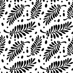 Black and white doodle leaves seamless pattern