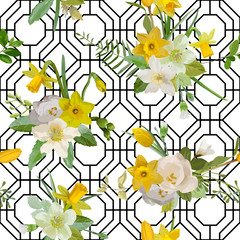 Seamless Pattern. Floral Background. Spring Flowers. Vector. Geometric Background