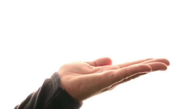 Adult man hand holding something, open empty male hand isolated over white background, offering a product or gift.