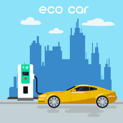 Electric Car. Eco Car on Charging Station. Green Energy. Hybrid Car