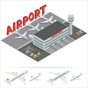 Isometric Airport Building. Airport Terminal with Planes. Travel by Airplane