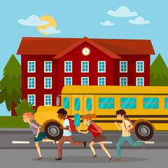 Obraz na płótnie Canvas School Building. Scholars Running to School. School Bus. Girl with Backpack