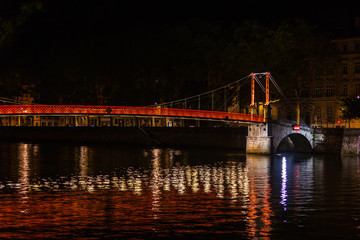 Cityscape of Lyon, France at night