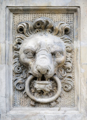 Stone lion head on a wall