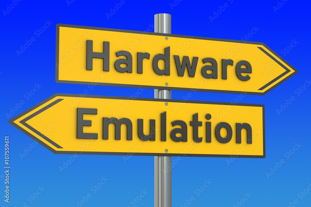 Aufkleber hardware vs emulation concept, 3d rendering