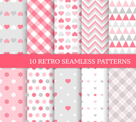 Ten different seamless patterns with hearts, stripes and dots.
