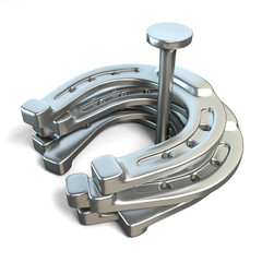 Horseshoes around the iron nail. 3D render illustration isolated on white background © djmilic
