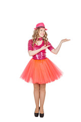 Blonde show girl showing copy space for product or advertising text