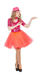 Blonde show girl showing copy space for product or advertising text. isolated on white background