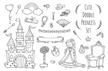 Cute cartoon princess collection with throne, castle, jewerly, crown. Doodle fairytale set for kids. Hand drawn vector illustration isolated on white. All objects are grouped separately.