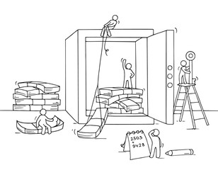 Sketch of istored money in the safe with working little people. Doodle cute miniature of economy cash, dollars. Hand drawn cartoon vector illustration for business design and infographic.