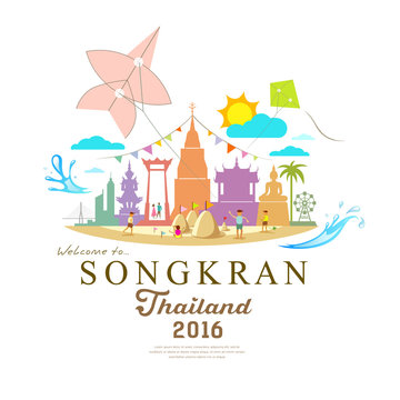 Songkran Festival Period of April, in the summer of Thailand with water vector illustration