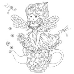 Vector cute fairy girl in flowers doodle
