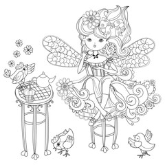 Vector cute fairy girl in flowers doodle