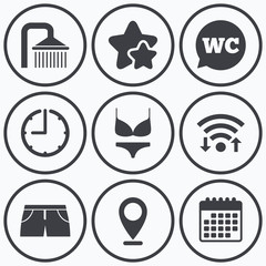 Swimming pool icons. Shower and swimwear signs.