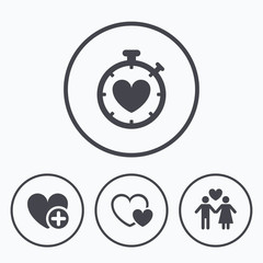 Valentine day icons. Love heart timer sign.