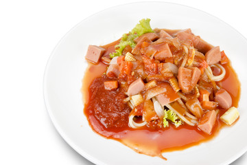 Spaghetti pasta with sausage on white background,clipping path.