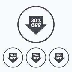 Sale arrow tag icons. Discount off symbols.