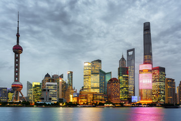 Evening view of Pudong skyline, Lujiazui, Shanghai, China