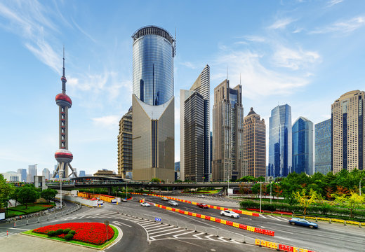Modern view of skyscrapers on Century Avenue, Shanghai, China