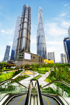 Modern view of skyscrapers and park in business center, Shanghai