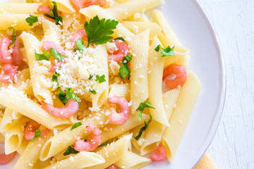 Penne pasta with shrimps