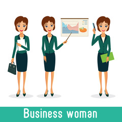 Business woman character vector set. Working female in office. Cheerful smiling business woman character. Woman career collection isolated on white background