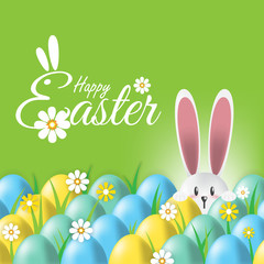 Happy Easter,Easter greeting card with colorful eggs and bunny o