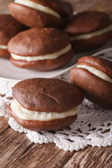 Delicious American Whoopie pie dessert macro. vertical
