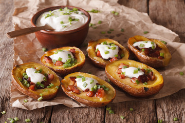 Rustic potato skins with cheese, bacon and sour cream close-up 
