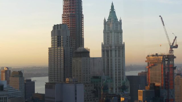 sunset manhattan roof top construction panorama 4k new york usa
