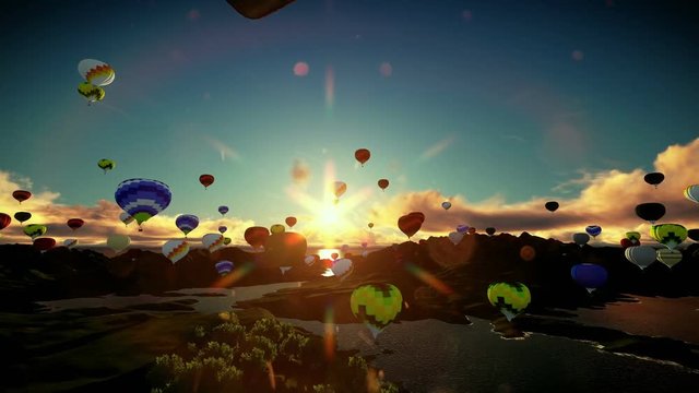 Air balloons flying above lake surrounded by mountains, beautiful sunset, travelling shot