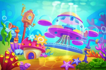 Peel and stick wall murals Childrens room Creative Illustration and Innovative Art: Underwater Submarine Base. Realistic Fantastic Cartoon Style Artwork Scene, Wallpaper, Story Background, Card Design  