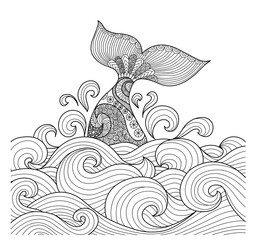 Obraz premium Ogon wieloryba w falistym projekcie linii oceanu do kolorowania książki dla dorosłych, znak, logo, projekt koszulki, karta i element projektu