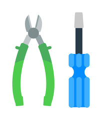 Set of screwdriver hand tool worker instruments flat cartoon vector. 