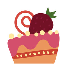 Chocolate cream birthday cake topped pie isolated with white slice and cream flowers decorated vector.