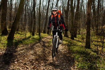 Mountain biker riding on bike in springforest landscape. 