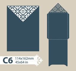 Template congratulatory envelope with carved openwork pattern. Template is suitable for greeting cards, invitations, menus, etc. Picture suitable for laser cutting or printing. Vector. Easy to edit