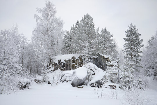 View of the rock of Catherine the great cloudy winter day. Ruskeala, Karelia