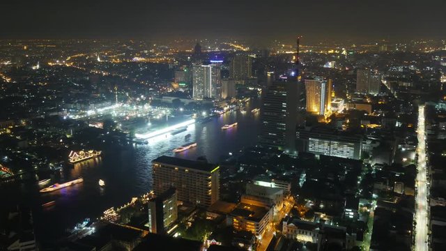bangkok night light hotel roof top river traffic boat panorama 4k time lapse thailand

