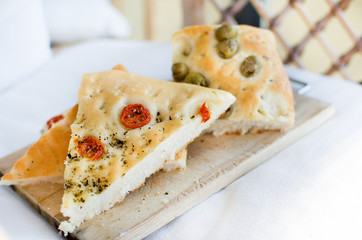 flatbread italy focaccia tomatoes olives flat oven baked Italian